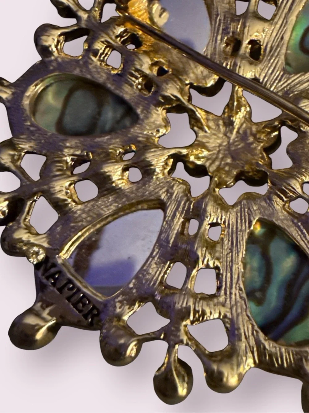 Vintage Signed Napier Gold Tone Brooch Pin with Teal Faceted Stones Approx 3”